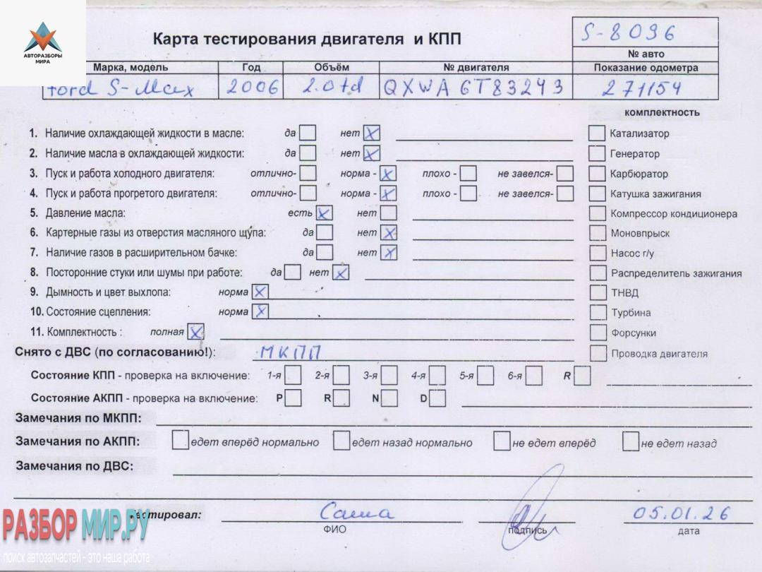 двигатель Ford S-Max 1 поколение 2006, 2.0 л., дизель, МКПП, QXWA - фото №1